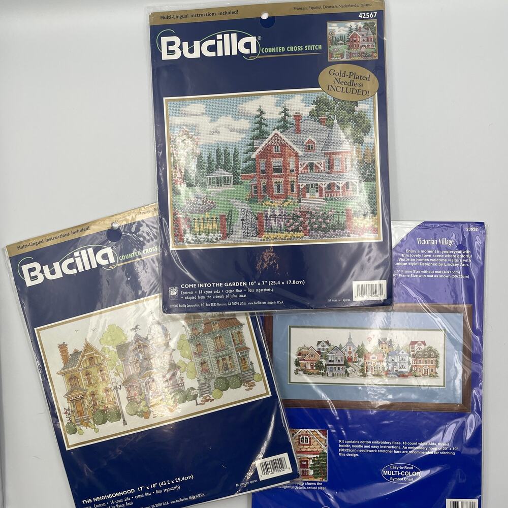 NEW Lot of 3 Cross Stitch Kits Garden Towns Victorian Houses Bucilla J&P Coats